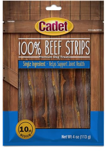 Cadet 100% Beef Strip Long Lasting Chews for Dogs, Single Ingredient Beef Esophagus Dog Treats, Natural High Protein Rawhide Alternative for Small & Large Dogs, 4 Ounce