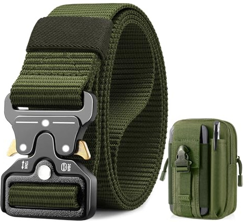 BESTKEE Taktischer Gürtel, 3,8 cm Militär Arbeitsgürtel, Schwerlast Nylon Schwarz Gürtel mit Schnellverschluss-Metallschnalle, Geschenk mit Taktischem Molle-Beutel für Outdoor Jagen