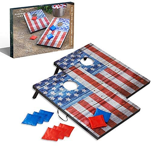 Hammer + Axe Sitzsack Cornhole Set Spiel Amerikanische Flagge Edition beinhaltet 8 Sitzsäcke, zwei 3x2 Bretter in regulärer Qualität