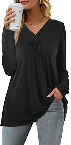 Florboom Tshirt Damen V Ausschnitt Oberteile Langarm Bluse Einfarbiges Tuniken Schwarz XL