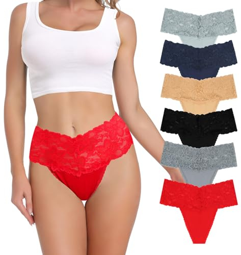 Lot de 6 strings rétro taille haute pour femme en dentelle douce Cmfy sans couture en coton, Multicolore Pack 6 C, S