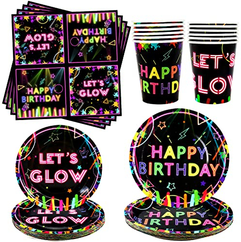 Ywediim Glow Neon Party-Geschirr für 20 Portionen – inkl. Teller, Tassen, Servietten, für Schwarzlicht-Party-Dekorationen mit Let's Glow-Thema (20 Portionen)