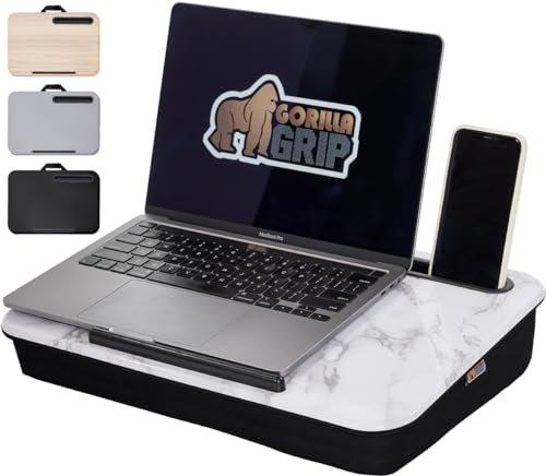 GORILLA GRIP Laptop Lap Desk with Phone Holder, Pillow Cushion Desks Fit Laptops up to 15.6, Gifts for Home, Portable Travel Workstation, Tray Ledge Keep Computers in Place, Marble Pattern