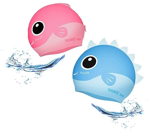 Kids Swim Cap Animal Head Silicone Swimming Fun Cartoon Blue Shark Pink Fish waterproo for Long and Short Hair Baby Boys and Girls (Pink 20.5cm)