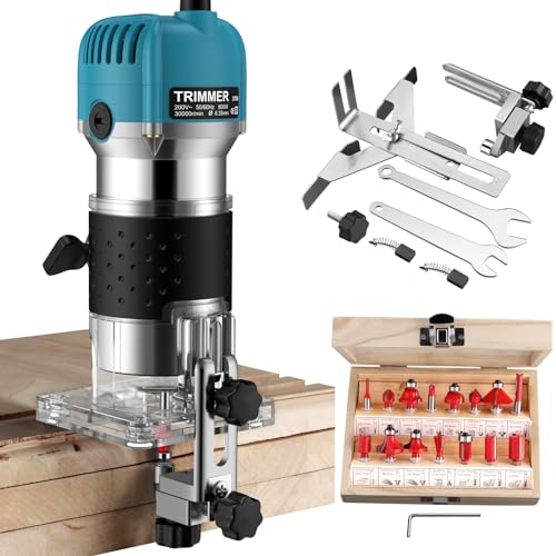 COLFULINE Palm Router Tool, Wood Router with 15PCS 1/4(6.35mm) Router Bits Set, Wood Trimmer Routers Woodworking with 6 Variable Speed, Portable Router Case, 3m Power Cord