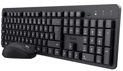 Trust Ymo II Leise Tastatur Maus Set Kabellos Deutsches QWERTZ Layout, Flachen Tasten, Spritzwassergeschützt, Beidhändig Funkmaus 800-1600 DPI, EIN USB-Empfänger, für PC, Computer, Laptop, Mac