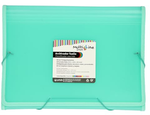 Grafoplas - Carpeta Archivadora, Mint Pastel, Tamaño Folio, 13 Posiciones Fuelle, Incluye Etiqueta para Visores y Tarjetas, Cubiertas Impermeables de Plastico, Multiline