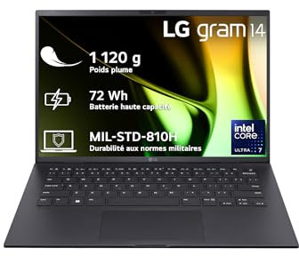 LG gram 14Z90S-G.AD78F - PC portable 14 1 120g, écran IPS FHD+ 16:10, Plateforme Intel® Evo™ Ultra 7 155H, RAM 32Go, SSD 1To NVMe, Intel Iris Xe, Thunderbolt™ 4, Windows 11 Home, Clavier AZERTY, Noir