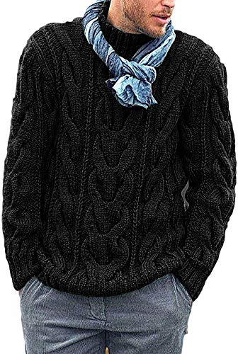 Runcati Pull tricoté pour homme en tricot torsadé à manches longues côtelé, col haut, pull d'hiver en tricot épais, Noir , XL