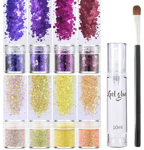 Lot de 8 bouteilles de paillettes pour le corps - Pour le maquillage du visage - Avec colle - Accessoires de festival - Paillettes pour cheveux, yeux, cou, ongles, maquillage du visage