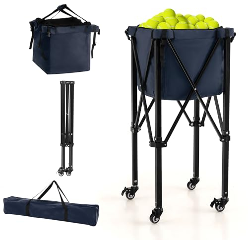 LIFEZEAL Tennisballkorb mit Rädern, Klappbares Tennisballwagen mit Tragetasche, Premium Tennis- und Reisekörbe für Erwachsene, Trainingszubehör für 150 Tennisbälle, Dunkelblau