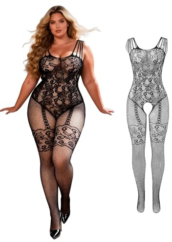 ohyeahlady Plus Size Floral Lace Bodystockings with Box Package,High Elastic Badydoll Nightwear Sheer Bodysuit Striped Hollow-Out Fishnet Tights,Black L-2XL