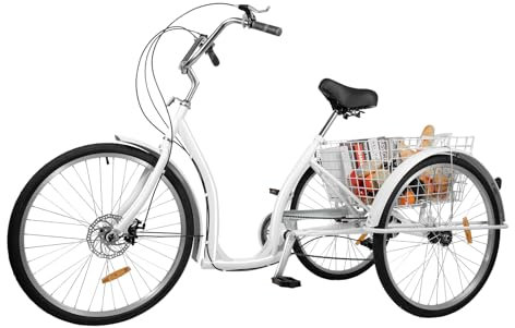 26 Zoll 6 Gang Retro Dreirad für Erwachsene Lastenfahrrad mit Basket, 3 Räder Fahrrad Erwachsene mit verstellbarem Sitz, City Einkauffahrrad Bike, 3 Räder Dreirad für Outdoor-Aktivitäten Weiß