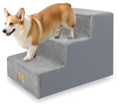 Nepfaivy Dog Steps for Bed & Sofa 39cm H, 3-Step Dog Stairs for Small Dogs | Non-Slip Pet Stairs for Small Dogs and Cats, Dog Ramp for Sofa with High Density Foam and Removable Cover, 53x40x39cm, Grey