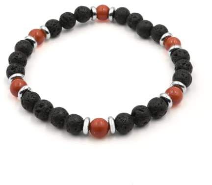 MARARDI Pulsera de Piedra de Lava Volcánica Natural y Ágata Roja 6mm - Energía Positiva, Equilibrio Emocional y Reducción de Estrés, Ajustable, Hombre y Mujer