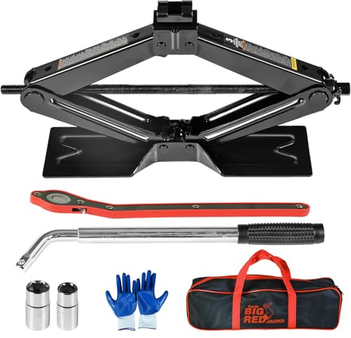 Big RED Car Jack 3Ton/6610 lbs Universal Scissor Jack with Rubber Pad, Portable Tire Changing Kit with Lug Wrench, Emergency Kit for Sedan SUV MPV