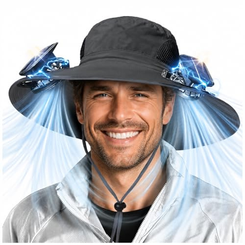 Sombrero de Pesca con Ventilador Solar de ala Ancha,Sombrero de Escalada y Pesca con 2 Ventiladores,Ventilador de Carga Solar Desmontable con Carga USB,para Acampar,Deportes,Viajes,Al Aire Libre