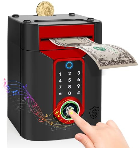 Highttoy Hucha Electrónica Niños con Pantalla Táctil y Huella Dactilar, Hucha Cajero Automatico Caja Fuerte Regalos para Niños Niñas 3-12 Años, Negro Rojo