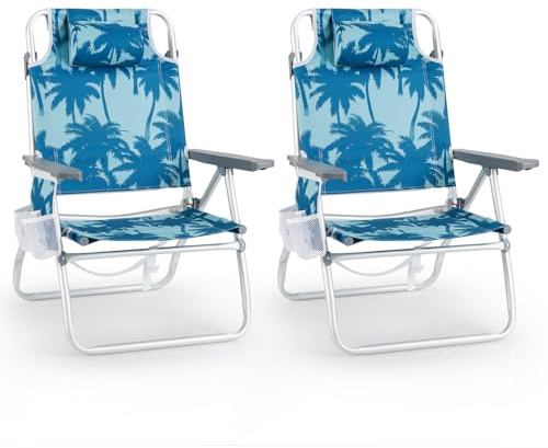 COSTWAY Folding Backpack Beach Chair, 5 Adjustable Position Camping Chair with Headrest, Towel Rack and Storage Pockets, Outdoor Sun Lounger for Picnics, BBQ & Fishing (2, Coconut Tree)