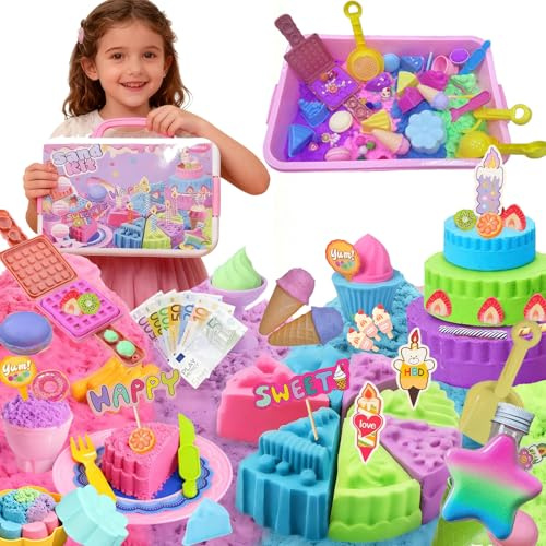 Aoksily Sable Magique Coloré Kit Enfant 1000g, Sable Magique Enfant 2 3 4 5 6 7 8 9 Ans, Jouet Sensoriel Moule à Gâteau Glace,Coffret Cadeau de Jouets
