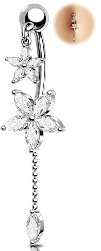 Melighting 14G Lotus Belly Button Ring, Dangle Belly Ring Surgical Steel 316L, Reverse Navel Piercing Jewelry, 10 mm Silver Flower Body Jewellery for Women