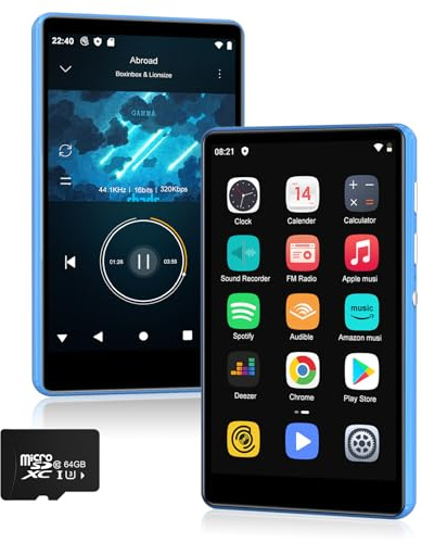SWOFY Lecteur MP3 80GB avec Bluetooth & WiFi, Écran Tactile 4,0 Pouces Hi-FI, Lecteur MP4 Android Compatible Spotify, Amazon Music, Radio FM, Enregistreur, Livre électronique, Navigateur (Noir/Bleu)