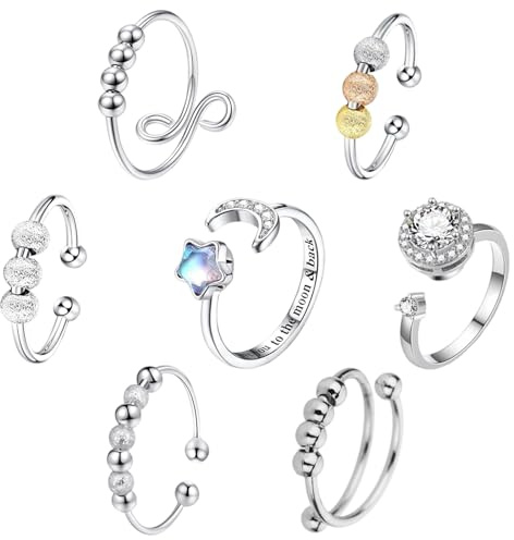 MLPKOI 7 stycken ångestspinning ringar för kvinnor, justerbar öppen anti-stress ring fidget med rörliga pärlor justerbar stjärna måne design för anti-stress