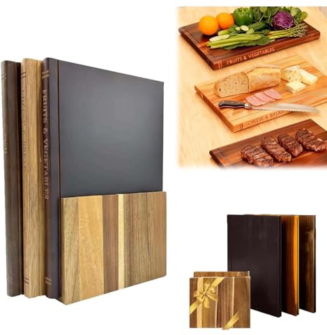 Robuste Lot de 3 Planches à Découper en Forme de Livre avec Support, Bois Massif Planche Cuisine RéVersible, Planche à Hacher Compatible Lave-vaisselle pour Légumes, Fruits, Viande