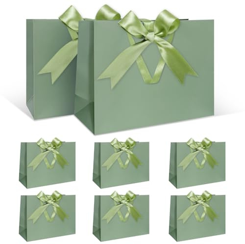 Ensemble Sacs Cadeaux, Sac Cadeau Vert avec Ruban Sac Cadeau Vert avec Poignées 8 pièces 30 x 21 x 10 cm Sacs Cadeaux Grand pour Anniversaire Mariage Anniversaire de Mariage Noël
