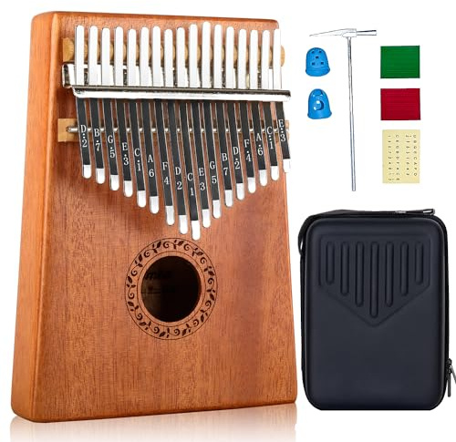 Kalimba 17 Keys Thumb Piano with Hard Case Study Instruction and Tune Hammer, Portable Mbira Sanza African Wood Finger Piano, Gift for Adult Beginners Professional (Brown with Hard Case)