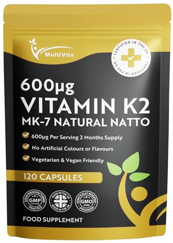 Vitamin K2 MK7 600mcg Per Serving | Fermented Natural Natto Source | Vegan Vitamin K2 | 120 Capsules 2-Month Supply | VIT K2 Menaquinone MK-7 not Tablets | High Strength Supplement
