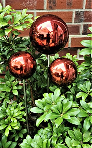 Jürgen Bocker Gartenambiente Rosenkugel 3er Set 15-10-10 cm Edelstahl rot poliert mit Stab 80 cm Gartenstecker Beetstecker