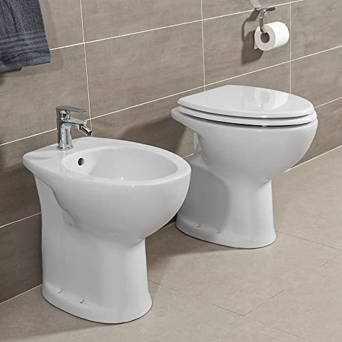 Inbagno Coppia Sanitari Bagno per Anziani Alti H. 48 cm, in Ceramica Bianca Lucida, Completa di Sedile copriwc Slim