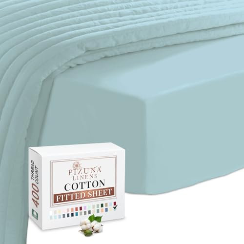 Pizuna 100% Cotton Baby Blue Double Fitted Sheet, 400 Thread Count Long Staple Cotton Fitted Bed Sheets Double 140x200 cm, Sateen 40 cm Deep Pocket Fitted Sheet 1 Pc Only (Blue Bedding Double)