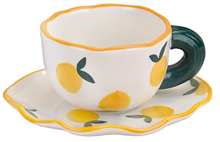 Koythin Tasse à café en céramique avec soucoupe, design irrégulier unique pour le bureau et la maison, passe au lave-vaisselle et au micro-ondes, 180 ml pour latte, thé, lait (orange frais)