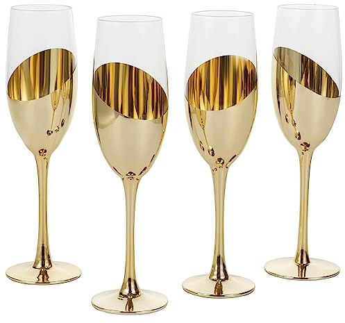 MyGift 6 oz Modern Brass Tone Metallic Plated Stemmed Champagne Flutes, Sparkling Wine Stemware, Wedding Party Toasting Glasses with Angled Design, Set of 4