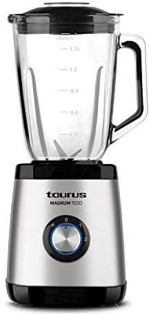 Taurus - Batidora de vaso 1500W | Jarra de tritan 1.5L | 2 velocidades + Turbo | Cuchillas de 4 filos | Procesador alimentos profesional | Blender Licuadora | Batidos y smoothies (Plateado | 1500W)