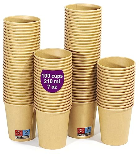 100 Vasos Desechables de Cartón Kraft 210 ml / 7 oz. Resistentes, A Prueba de Fugas. Ideal para Café, Té y Bebidas Refrescantes.Sin Olores. Vasos Kraft