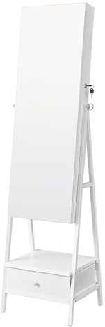 SONGMICS Armoire à Bijoux avec Miroir LED sur Pied, Armoire à Bijoux avec Miroir Pleine Longueur, Organisateur de Bijoux Gain de Place, Tiroir et Étagère, Blanc Nuage JJC025W01 | Organisateur de Bijoux, Miroir Pleine Longueur, Gain de Place, Blanc Nuage, COLLECTION BERIT JJC025W01V1
