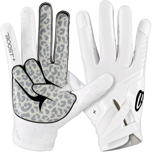 Grip Boost Football Gloves - Peace Stealth 6.0 Boost Plus Sticky Technology - Adult and Youth Football Gloves for Wide Receiver - Men's and Boys Sizes (White/Black, Small)