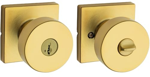 Kwikset Pismo - Pomo para puerta de entrada con cerradura y llave, manija segura con llave exterior, entrada frontal y dormitorio, latón satinado, cuadrado, resistente a ganzúas con SmartKey Rekey