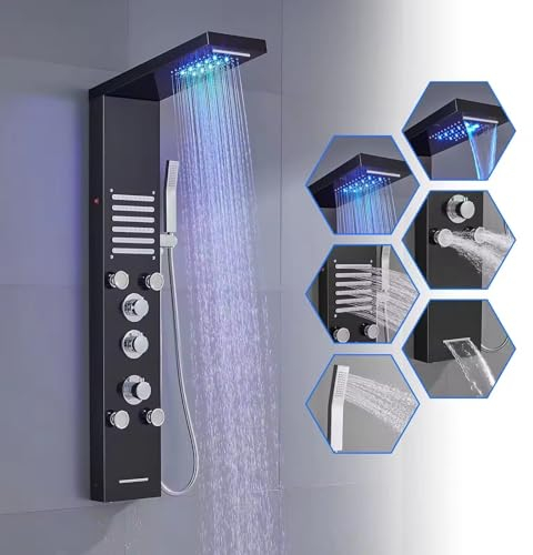 LED Duschpaneel mit Thermostat, OUGOO 6 Funktionen Duschpaneel mit Armatur, Regendusche, Wasserfalldusche, 2-Typ-Massagedüsen, Handbrause und Badewanneneinlauf, 304 Edelstahl, Schwarz