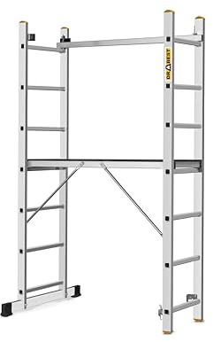 DRABEST Pro 3-in-1 Aluminium Ladder - Scaffolding Folding Ladder with Work Platform and Bucket Hook - Adjustable Height, Foldable - 2 x 7 Steps