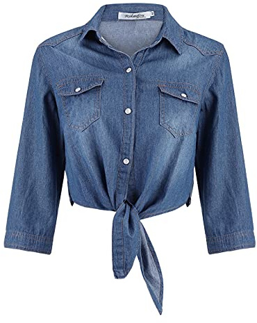 Chemise en Jean pour Femme - Taille à Nouer - Manches 3/4 - Veste Courte Boutonnée - Chemisier avec Nœud - T-shirt Décontracté à Revers Bleu - Tunique Tendance