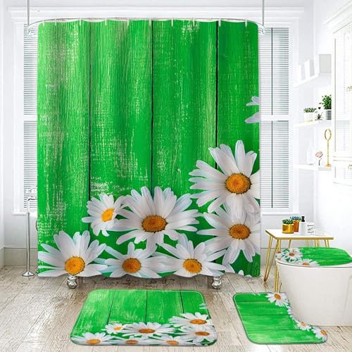 Duschvorhang Grüne Gänseblümchen Weiß Badezimmermatte Verdickung Bad Teppiche Set, Duschvorhang Stoff+Bath Mat rutschfeste(50x80cm)+U-Typ Fußmatte Wasseraufnahme+Toilette Badmatte