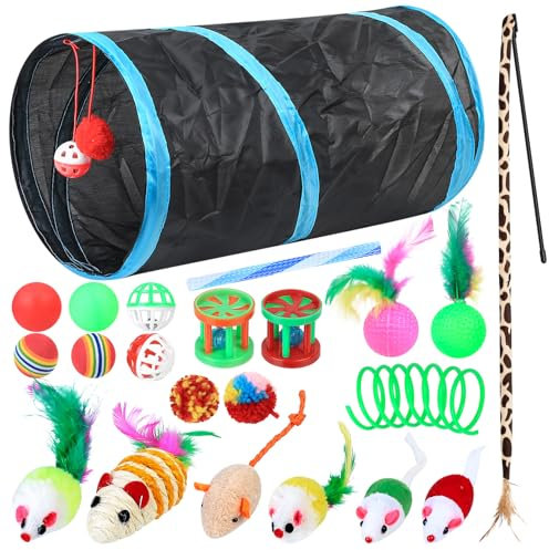 Gaomoeny 22 Stück Katzenspielzeug Set, Katzentunnel Interaktives Katzen Zubehör, Katzen Angel Spielzeug Katze Federspielzeug, Spielzeugmäuse, Katzenbälle, Cat Toys, Kitten Spielzeugs