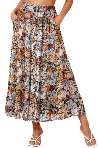 NASHALYLY Women's High Waisted Maxi Skirt,Elastic Chiffon Boho Long Skirt with Pockets(Coffee Floral P,M)