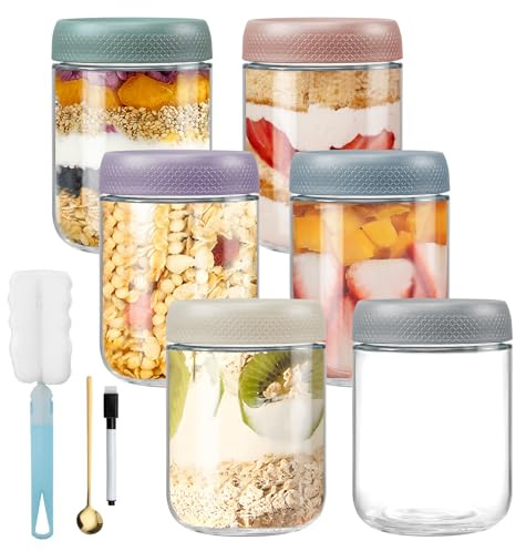 Feelhap 6 Piezas 500 ML Tarros de Avena Nocturna, Tarros de Cristal con Tapas a Prueba de Fugas