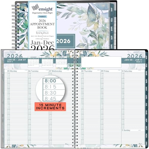 Ensight 2026 Appointment Book and Planner 8.5 x 11 Large Hourly Weekly Daily Schedule Planner with Tabs, 15 Minute Time Slots, Floral Calendar Organizer Jan 2026 – Dec 2026 Appointment Book - Floral