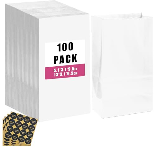 Gcardist 100 Pcs White Treat Paper Bags with 100 Stickers 5.1x3.1x9.4 Small Party Gift Bag without Handle(13cm×8cm×24cm)